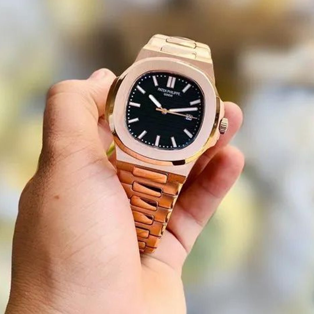 Patek Phillipe Nautilus Rosegold Black Dial Metal Watch