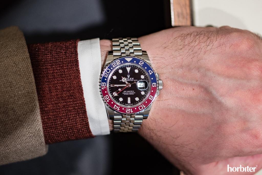 GMT-Master II red and blue Cerachrom bezel black dial and a Jubilee bracelet.