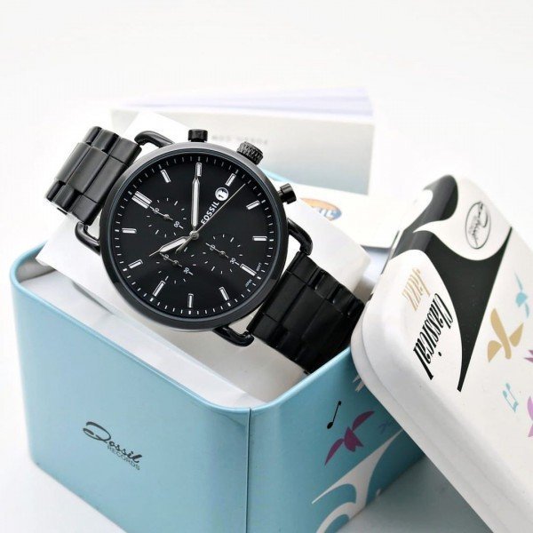 FOSSIL COMMUTER BLACK SILVER STAINLESS STEEL WATCH