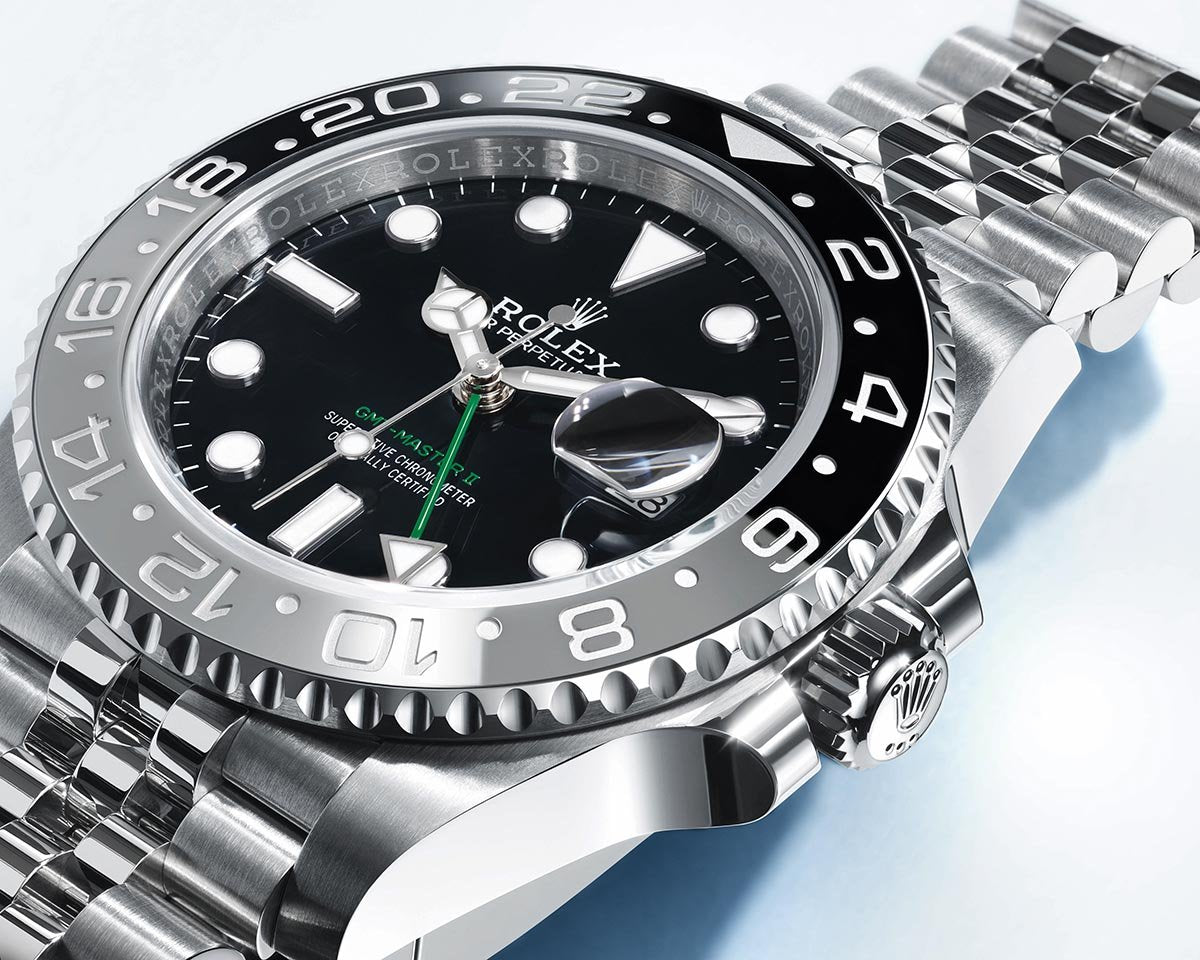 GMT-Master II black dial date Jubilee bracelet.