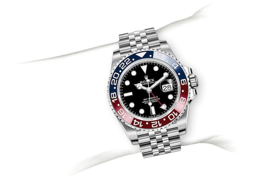 GMT-Master II red and blue Cerachrom bezel black dial and a Jubilee bracelet.
