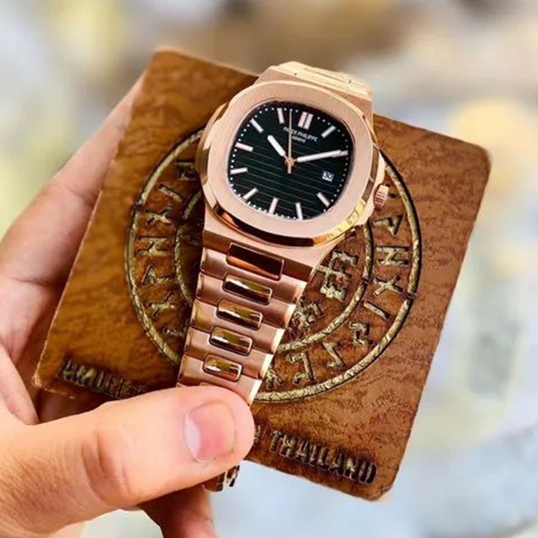 Patek Phillipe Nautilus Rosegold Black Dial Metal Watch