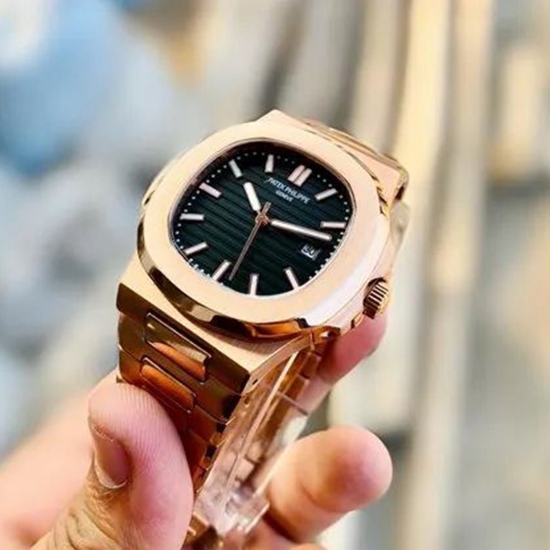 Patek Phillipe Nautilus Rosegold Black Dial Metal Watch
