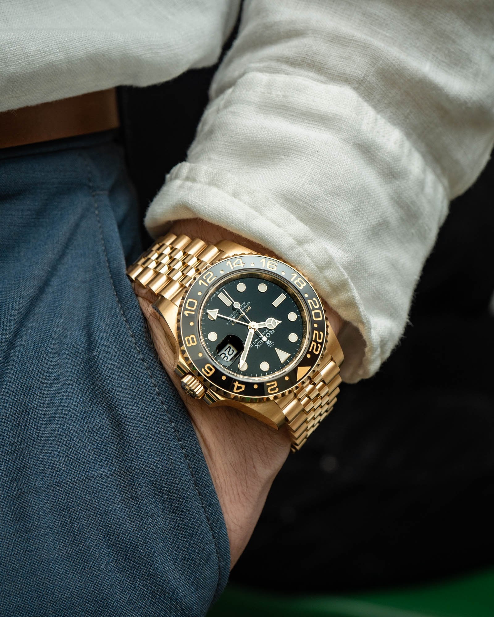 GMT-Master II yellow gold Jubilee bracelet and Black dial.