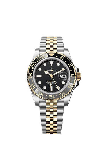 GMT-Master II yellow gold with a black dial and a Jubilee bracelet.