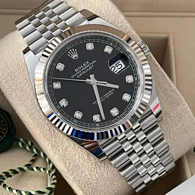 Rolex Date just 41 bright black, diamond-set